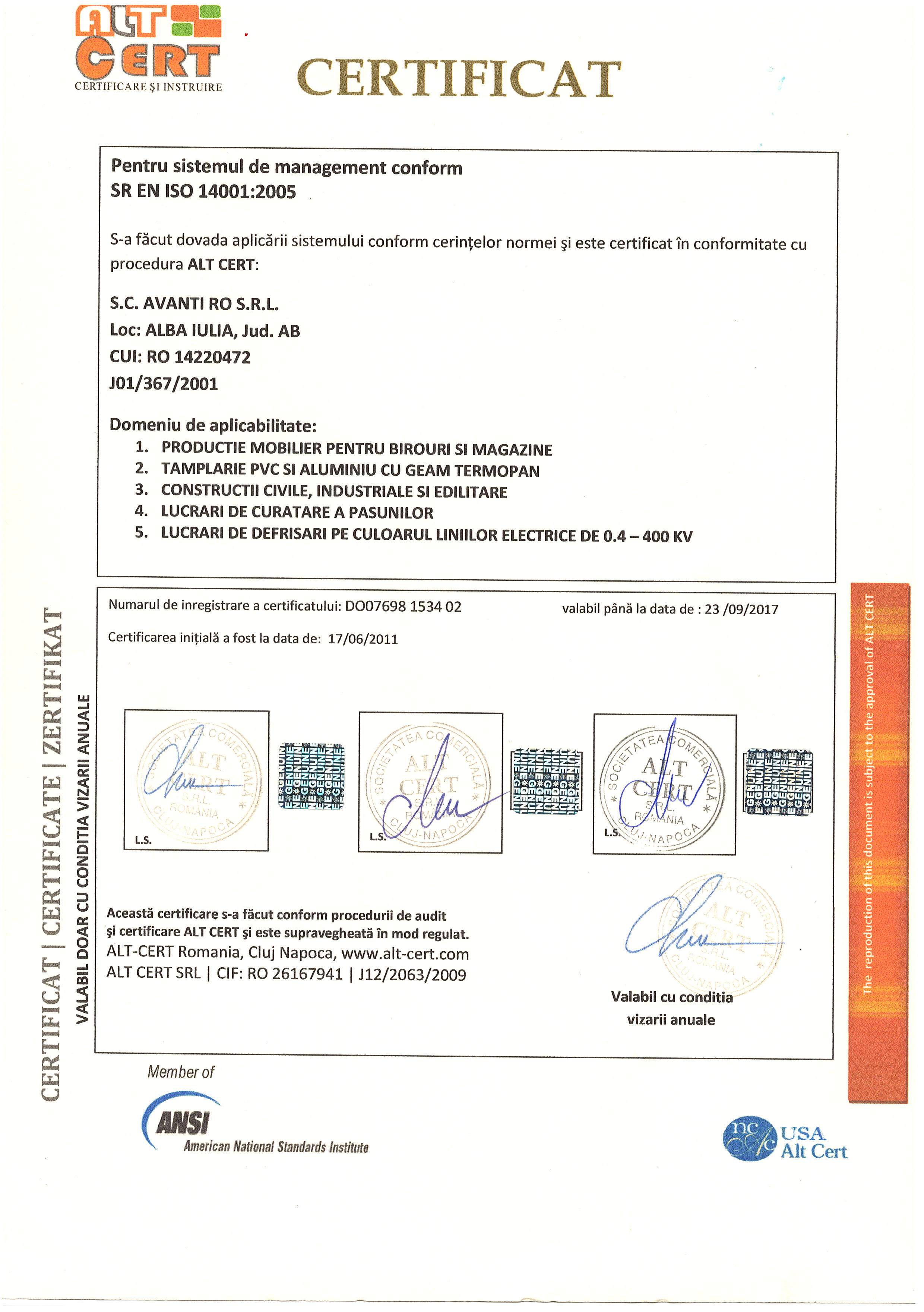 ISO 14001 AVANTI ROMANIA